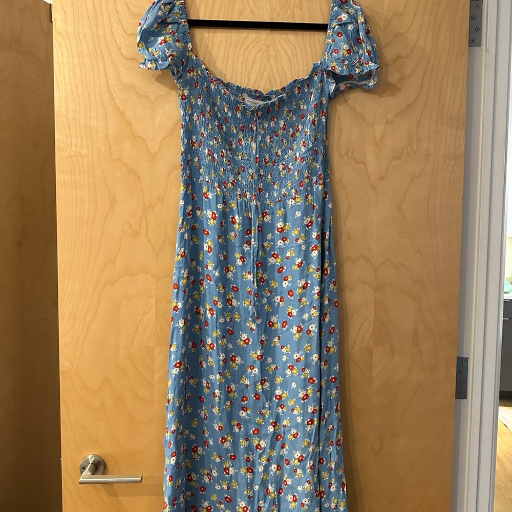 Faithful The Brand Floral Blue Off-Shoulder Dress